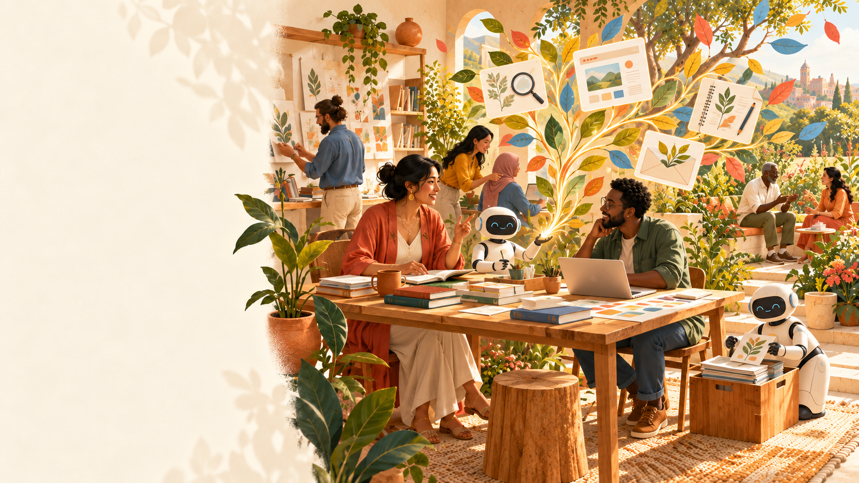 Diverse founders in a sunny plant-filled studio, with friendly AI helpers branching one idea into research, a website, a workbook, and outreach